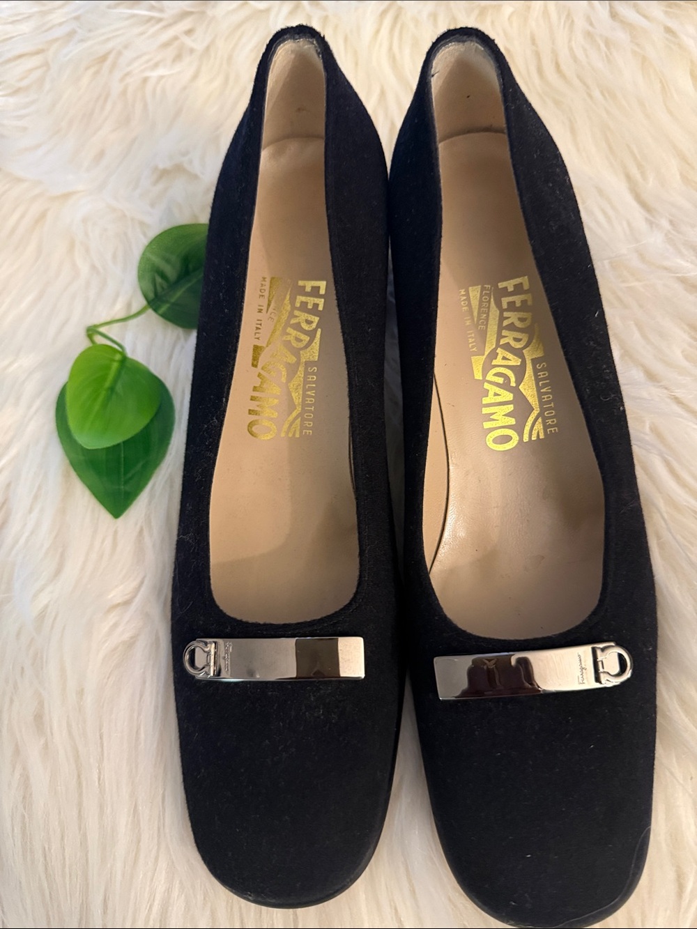 Salvatore Ferragamo Black Suede Flats with Silver Plaque